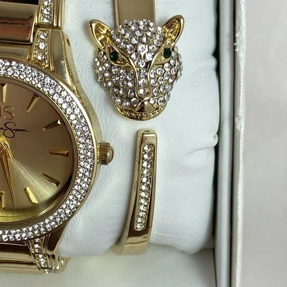 Jessica Simpson Gold Tone Watch Crystal Lion Head Hinged Bangle Bracelet Set NEW - Picture 4 of 15